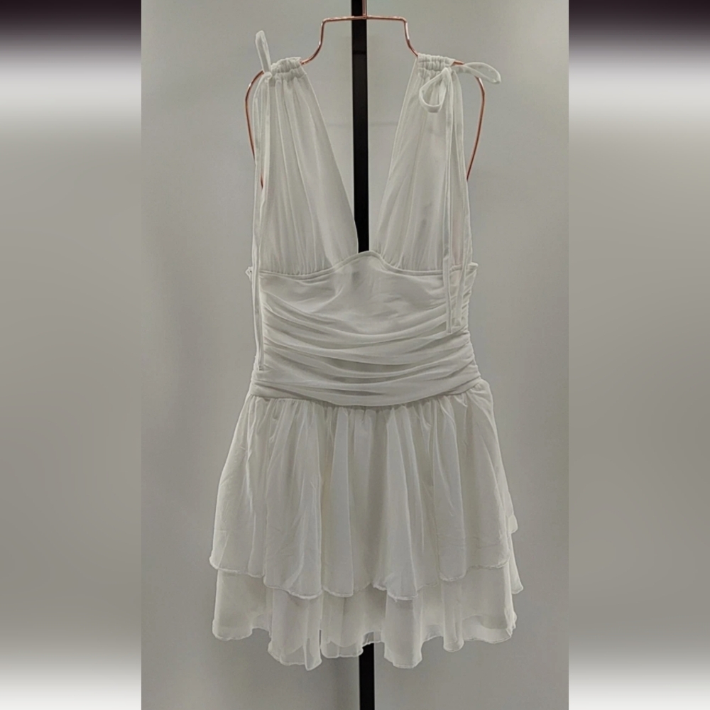 Lulus Luisella Mesh Ruched Tiered Mini Dress White, Size M